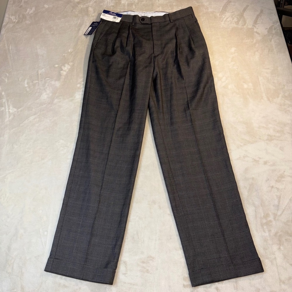 Ralph Lauren Mens Comfort Flex Pleated Dress Pants Olive Plaid 32x32 Cuffed